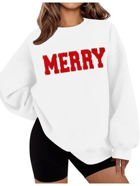 Women's White Oversized Crewneck Cozy Long Sleeve Merry Christmas Sweatshirt